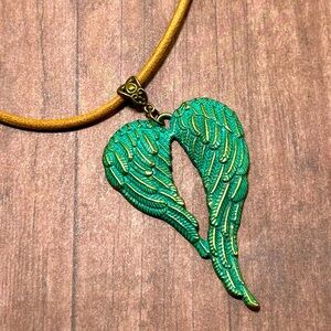 Handmade Antique Patina Angel Wings Pendant Necklace with Brown Leather Cord!